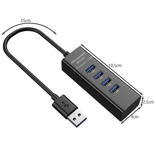 USB хъб с 4 USB 3.0, Ultra Slim, натоварване на данни или трансфер на данни, 5Gbps, черно