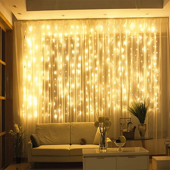 Függönyszerű telepítés, fekete kábel, 480 LED, IP65, 6m x 2m, forró fehér/hideg, kék, többszínű fény