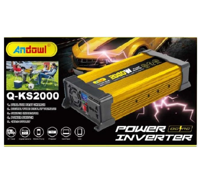 Invertor de tensiune auto KS2000, 2000W 12V, 220V, cu unda sinusoidala modificata, indicator LED, auriu