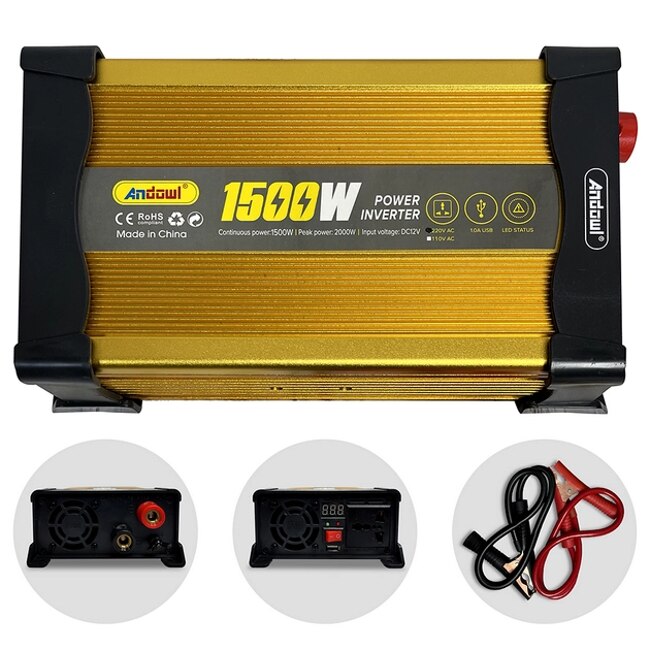 Andowl KS1500 μετατροπέας τάσης αυτοκινήτου, 1500W, 12V, 220V, 26 x 11 x 6.5cm, χρυσός