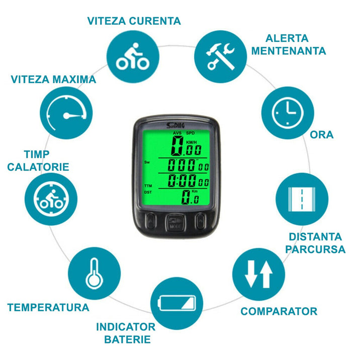 Kilometraj Digital bicicleta, Ecran luminat LCD, 25 functii