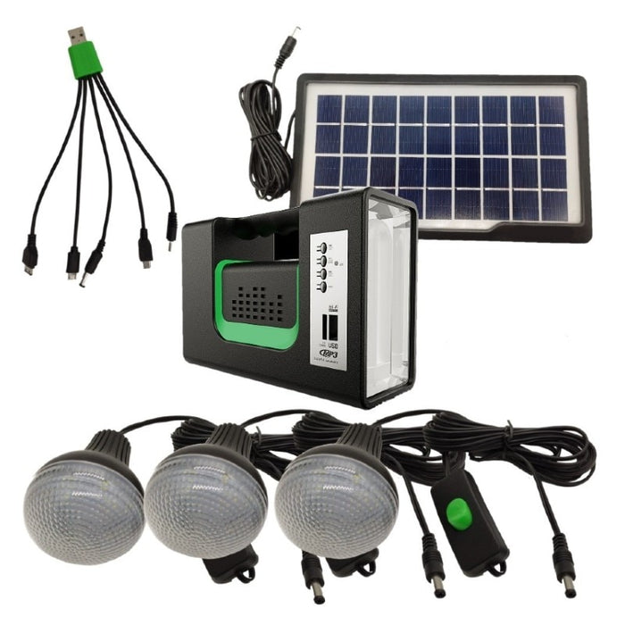 Solar Kit GD-Lite 10 Εξοπλισμένο με 3 λαμπτήρες LED, φορητό, φακό, USB, FM Radio, MP3