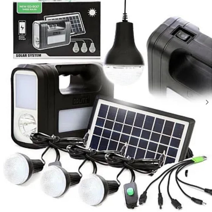 Solar Kit GD-Lite 8017 USB-eszközökkel felszerelt 3 LED izzóval + nagy kapacitású akkumulátor