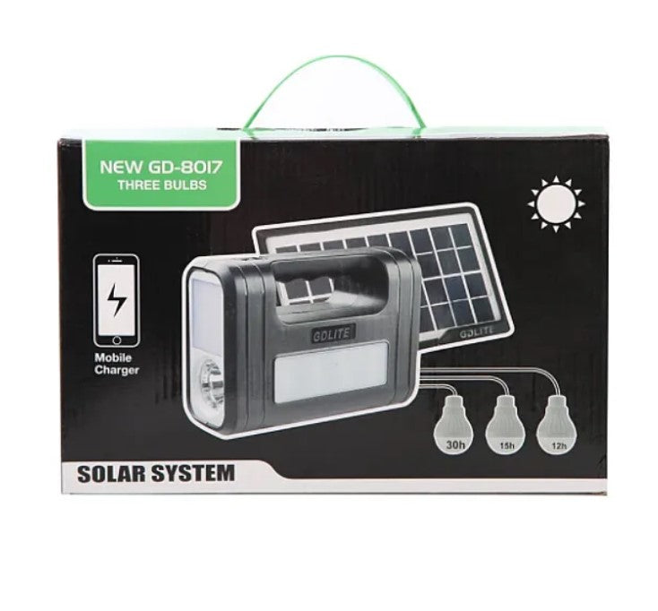 Solar Kit GD-Lite 8017 USB-eszközökkel felszerelt 3 LED izzóval + nagy kapacitású akkumulátor