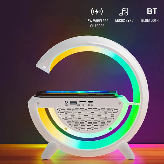 Statie incarcare wireless multifunctionala cu Lampa LED RGB, Boxa Bluetooth, Ceas
