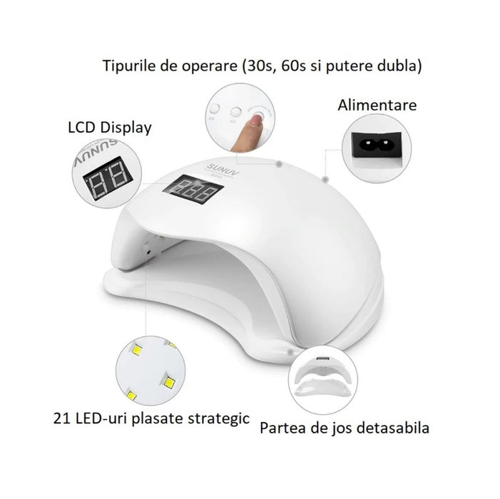 Lampa LED UV de 48W si 24 LED-uri, pentru manichiura-pedichiura, cu senzori si timer, alb