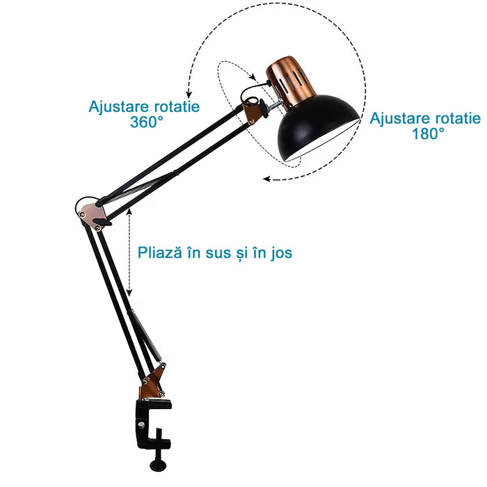 Lampa LED de birou, cu clema/baza, reglabila, 74cm inaltima, E27, cu bec de 8W inclus, negru