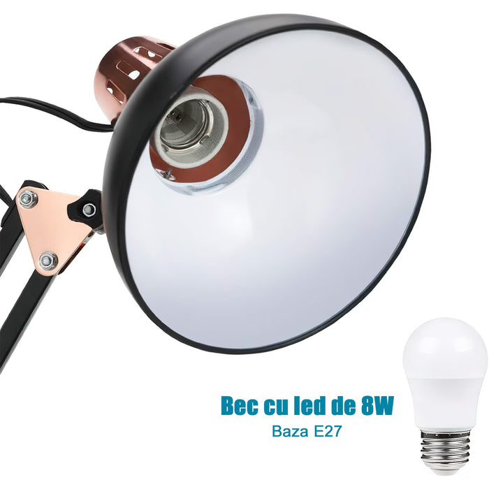 Lampa LED de birou, cu clema/baza, reglabila, 74cm inaltima, E27, cu bec de 8W inclus, negru