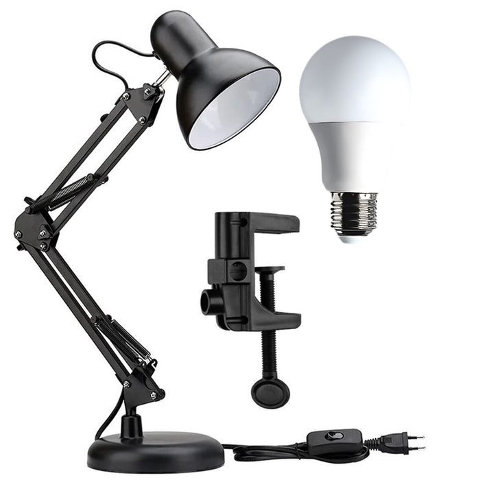 Office Lamp + крушка, захранване 40W, E27 основа, регулируема ръка, черно