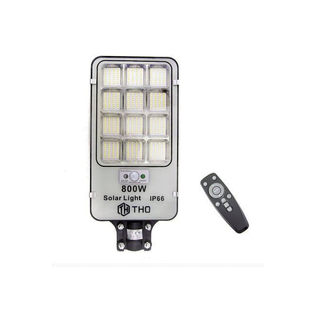 Lampa solara stradala, putere 800W, cu telecomanda, IP66, senzor lumina si miscare, gri-negru