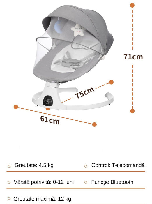 Multifunkcionális elektromos bölcső csecsemők számára, Bluetooth, távirányító, állítható, szürke