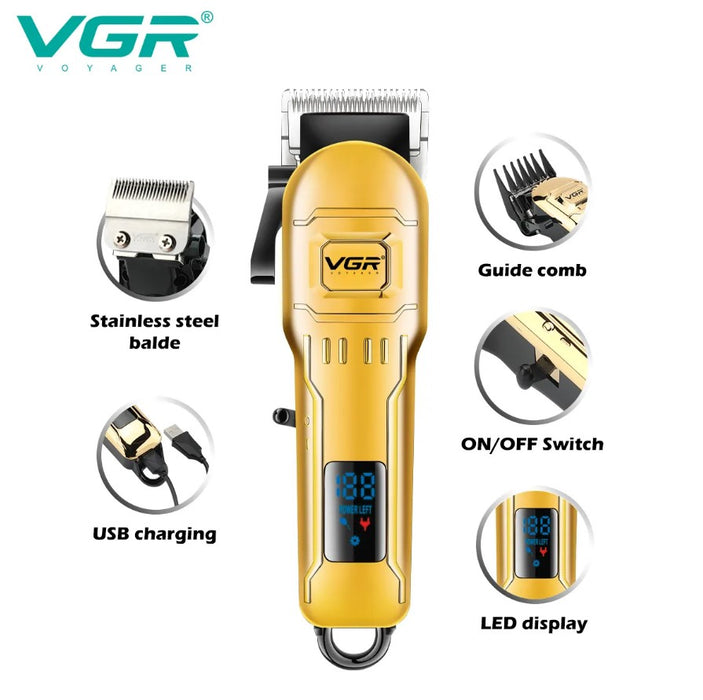 VGR VGR V-268 professzionális trimmer, vezeték nélküli, USB betöltés, 10W, 4 távolság, digitális kijelző, arany