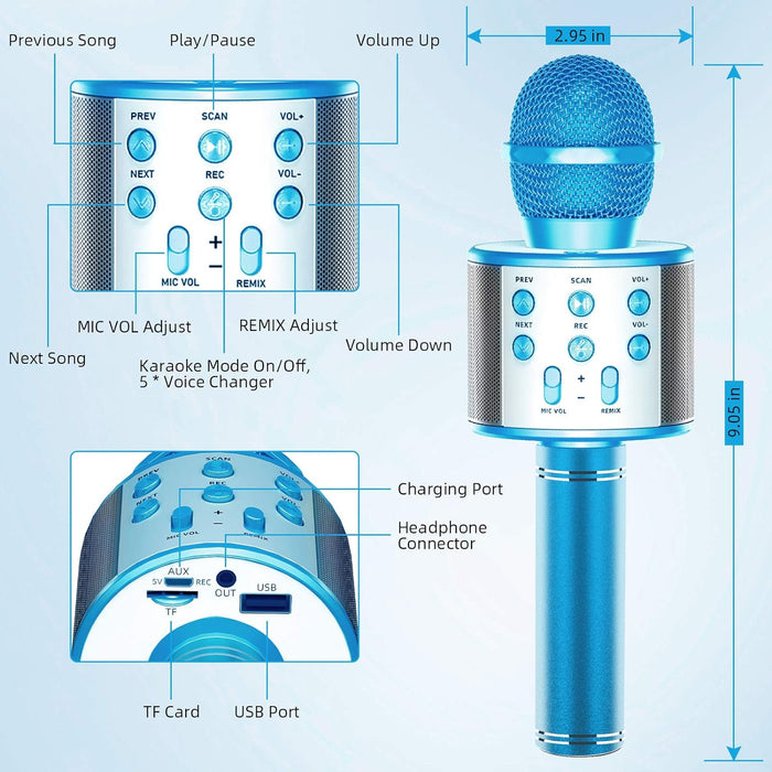 Караоке микрофон с вграден -in, безжичен, Bluetooth, SD карта, USB, Aux, синьо