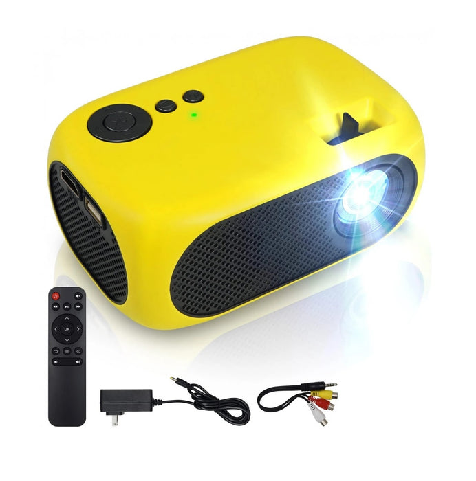 Mini LED video projektor, hordozható, 1080p, 1200 lm, HDMI, Micro SD és USB, távirányítóval, házi moziban, sárga színben