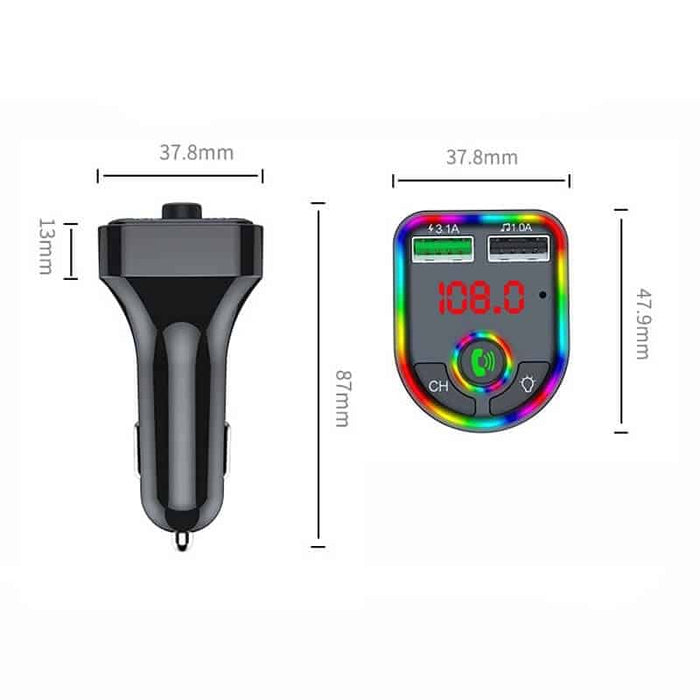 Modulator FM, cu Bluetooth 5.0, incarcare rapida, 3 porturi de incarcare, RGB, negru