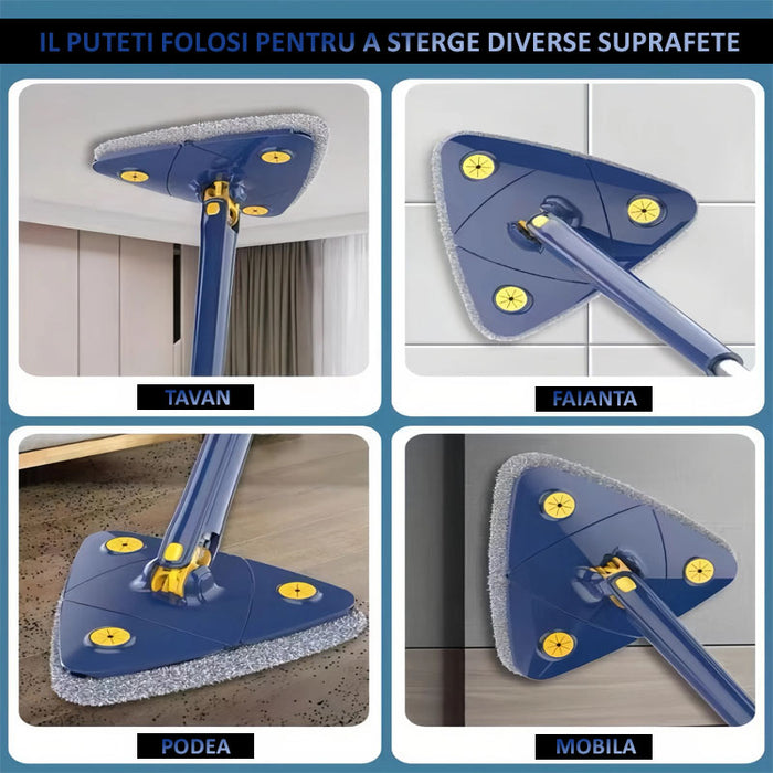 Mop triunghiular, cu stoarcere si rezerva extra, pentru podele, geamuri sau alte suprafete, maner telescopic, albastru