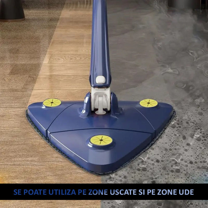 Mop triunghiular, cu stoarcere si rezerva extra, pentru podele, geamuri sau alte suprafete, maner telescopic, albastru