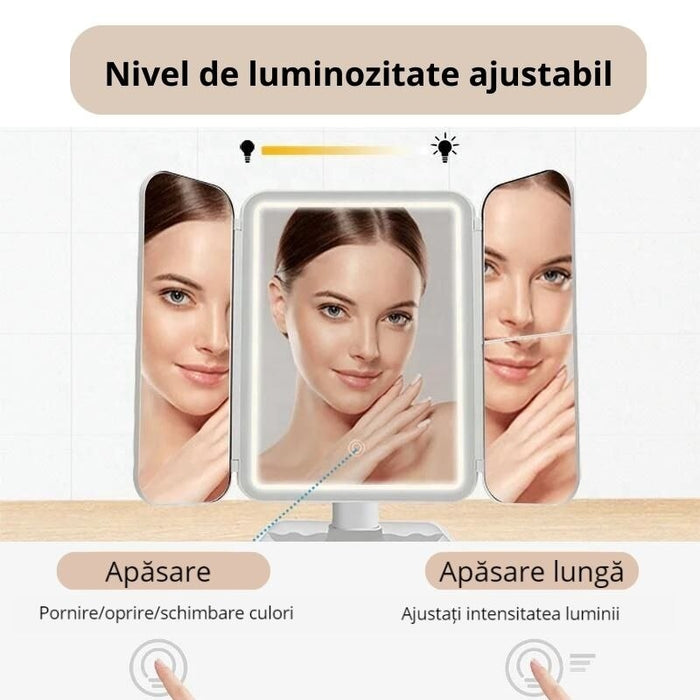 Oglinda cosmetica cu LED pentru make-up, zoom 2X si 3X, lumina reglabila, buton touch, USB, alb