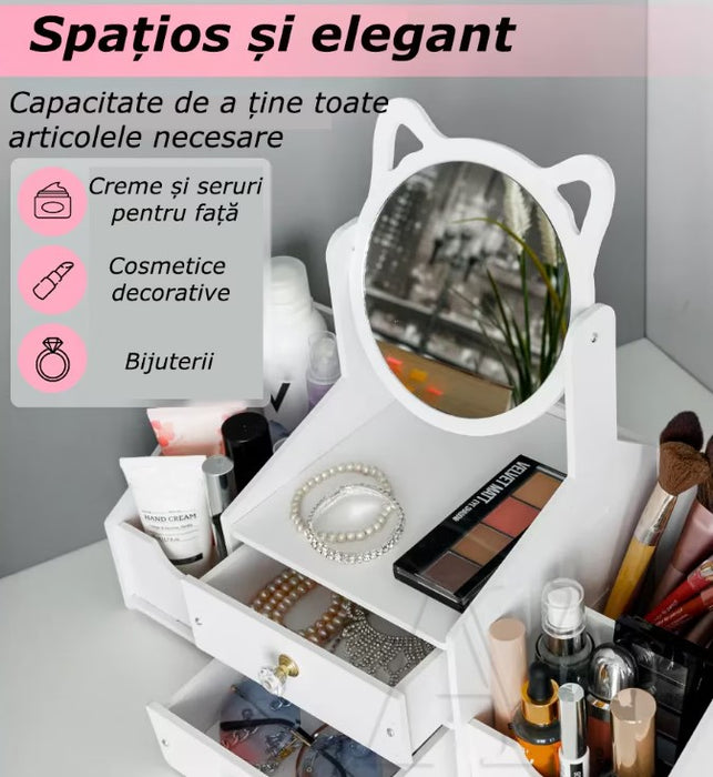 Organizator cosmetice si bijuterii cu oglinda, 2 sertare si 4 compartimente, plastic, alb