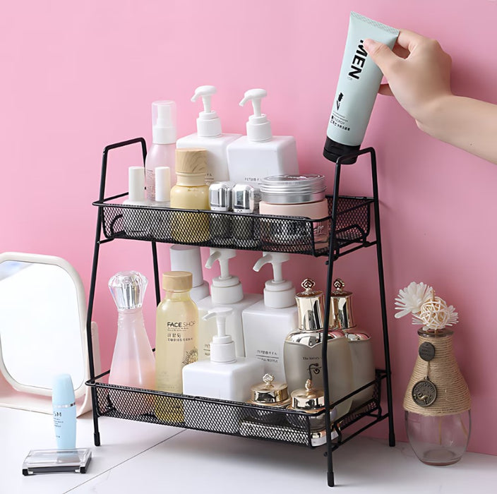 Organizator metalic multifunctional, cu 2 nivele, ideal pentru cosmetice sau condimente, negru