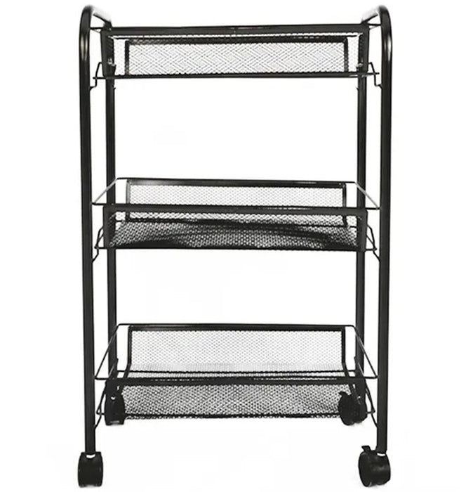 Organizator metalic multifunctional, cu 3 rafturi, cu roti, 64x44x26cm, negru