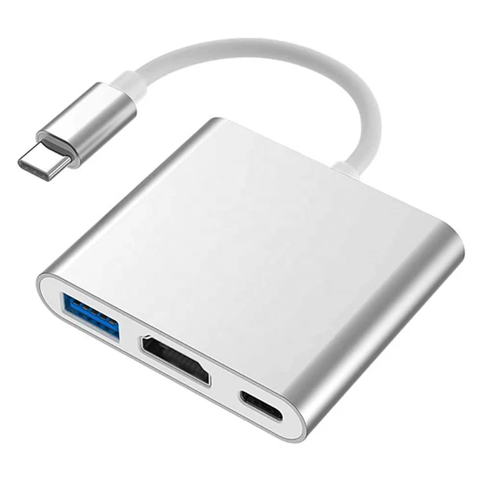 Adapter-Hub 3 az 1 USB-USB típusú C-USB 3.0 és HDMI, ezüstben