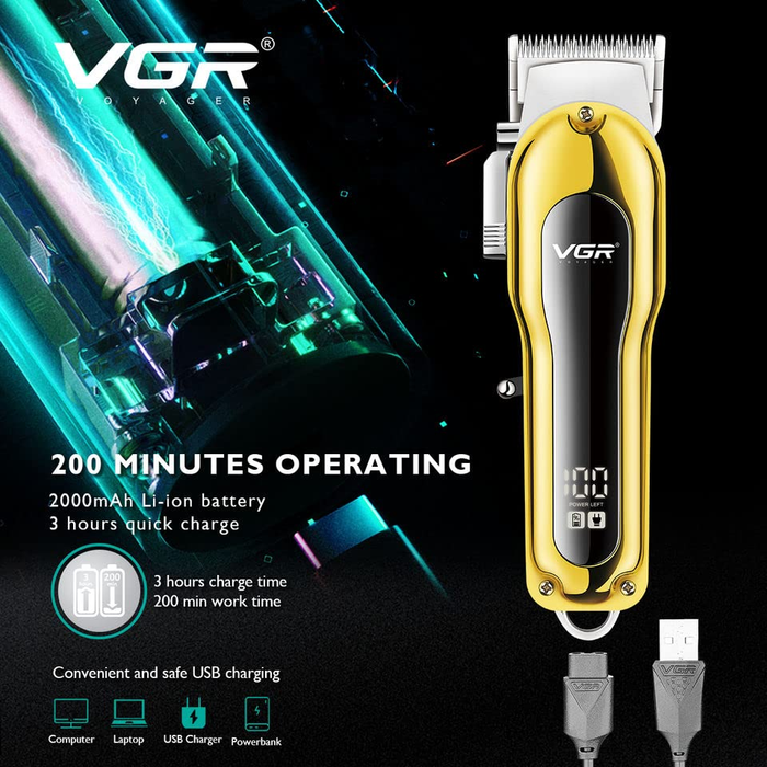VGR VV680 professzionális trimmer rozsdamentes acél pengével, 5W, LCD kijelző, fekete-arany