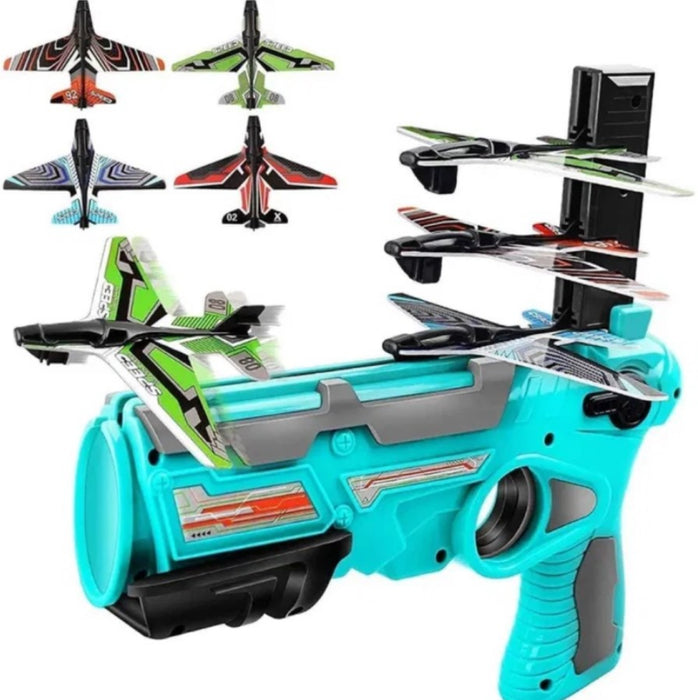 Pistol de jucarie, lansator de avioane, cu 4 avioane si incarcare manuala, pentru copii de peste 3 ani