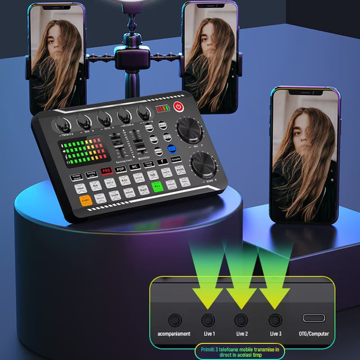 Placa de sunet bluetooth, cu mixer audio, schimbator de voce, 18 efecte de sunet live si mixer pentru microfoane, negru