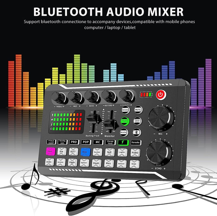 Placa de sunet bluetooth, cu mixer audio, schimbator de voce, 18 efecte de sunet live si mixer pentru microfoane, negru