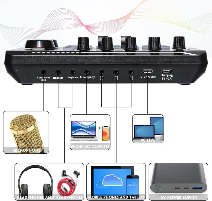 Placa de sunet bluetooth, cu mixer audio, schimbator de voce, 18 efecte de sunet live si mixer pentru microfoane, negru