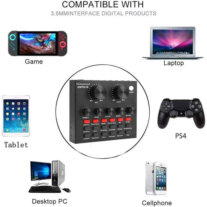 Placa sunet V8 multifunctionala, cu bluetooth, 12 efecte de sunet, mufe Micro USB, 6 moduri microfon, negru