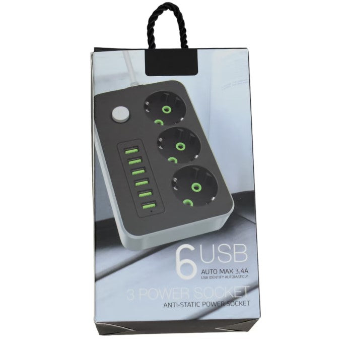 Удължаване с 3 Schuko и 6 x USB, 3.4A, превключвател за захранване, 1,5 m кабел, черно и бяло