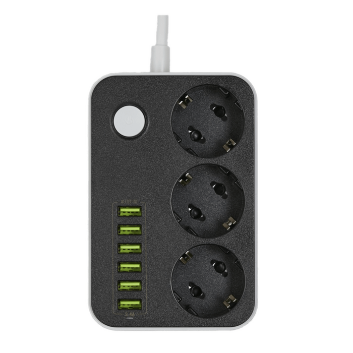 Hosszabbítás 3 Schuko és 6 x USB, 3.4a, teljesítménykapcsoló, 1,5 méteres kábel, fekete -fehérvel