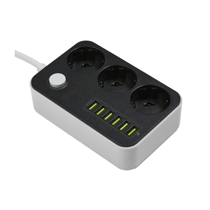 Prelungitor cu 3 prize Schuko si 6 x USB, 3.4A, power switch, lungima cablu 1.5m, alb-negru