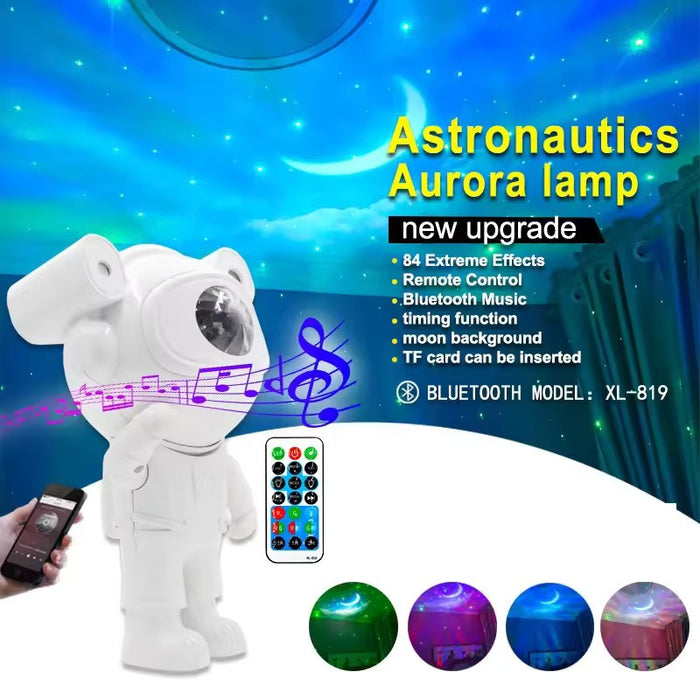 Proiector bluetooth LED RGB in forma de astronaut cu sunete si lumini, telecomanda, stickere autoadezive, alb