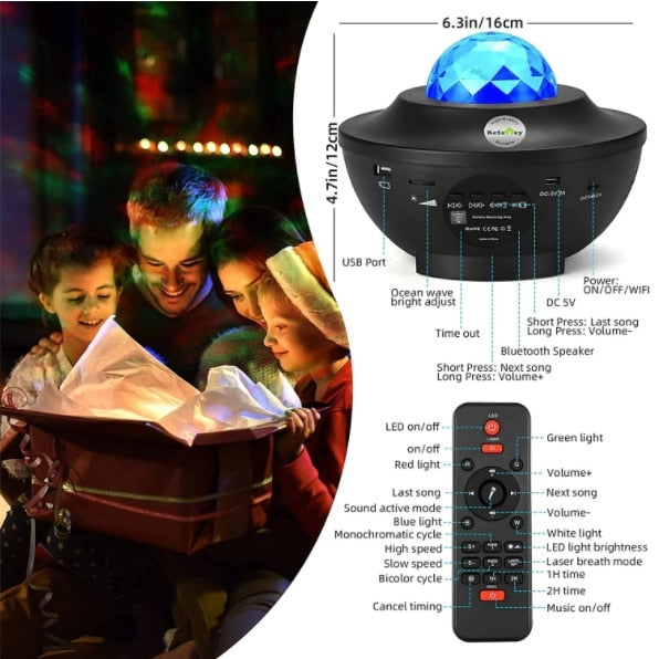 Lampa - Proiector inteligent cu lumina rotativa de noapte, boxa Bluetooth incorporata si telecomanda