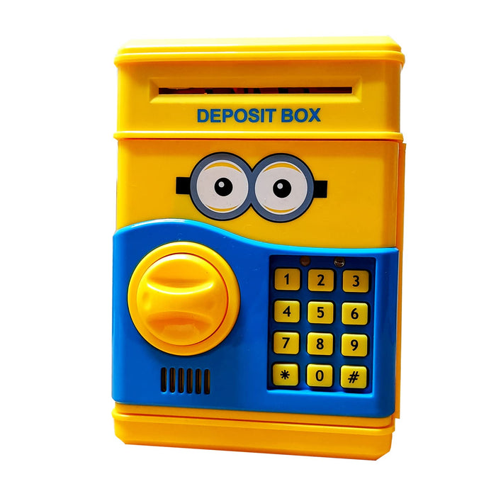 Pusculita interactiva pentru copii, cu functie ATM, cod pin si seif, minion, galben-albastru