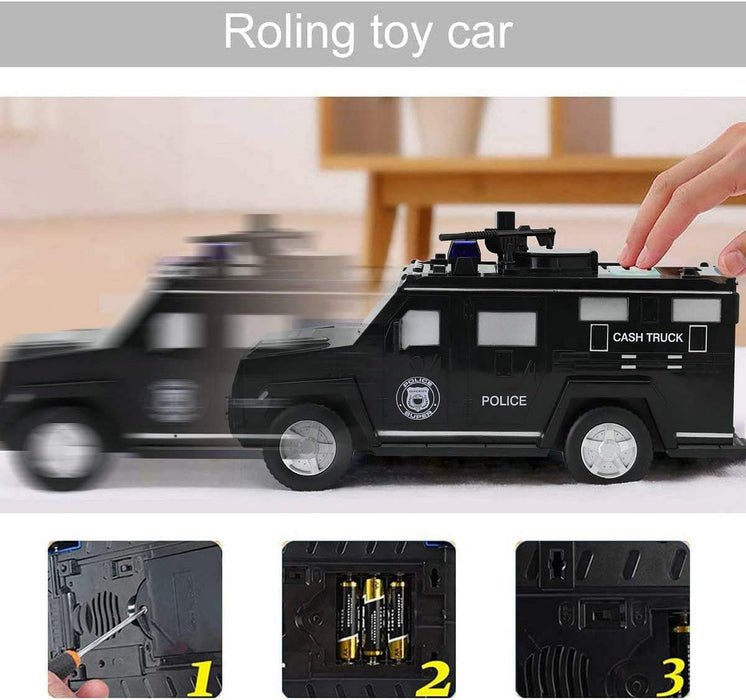Pusculita tip masina blindata de bani pentru copii de peste 3 ani, cu amprenta, cod pin, sunete si lumini, negru