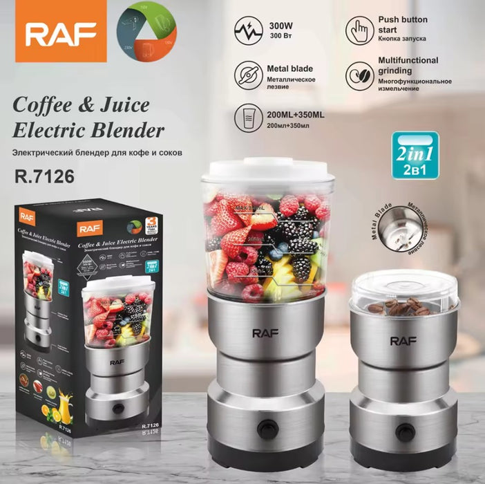 Rasnita electrica si blender 2 in 1 RAF 7126, 300W, capacitate 200 si 350ml, din plastic si inox, argintiu