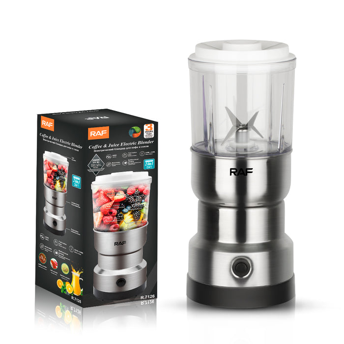 Rasnita electrica si blender 2 in 1 RAF 7126, 300W, capacitate 200 si 350ml, din plastic si inox, argintiu