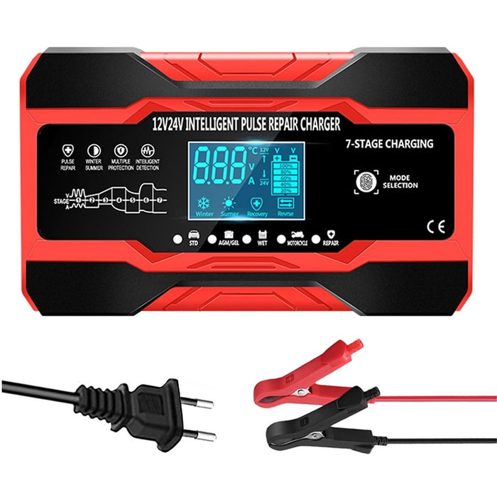 Redresor baterii auto DP1210, 12V 10A - 24V 5A, 180W, incarcare in 7 etape, 4 functii, negru cu rosu