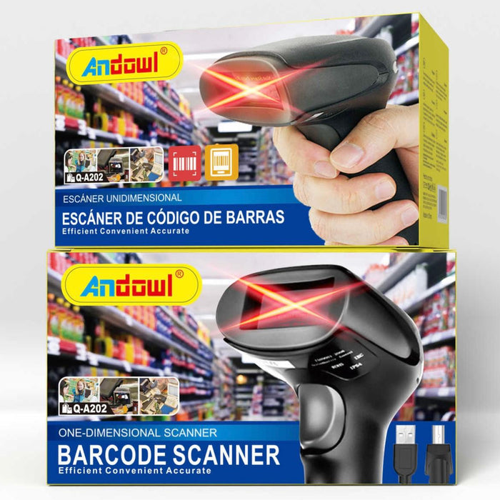 Scanner A202 coduri de bare 1D Linear, laser, cu cablu USB, negru