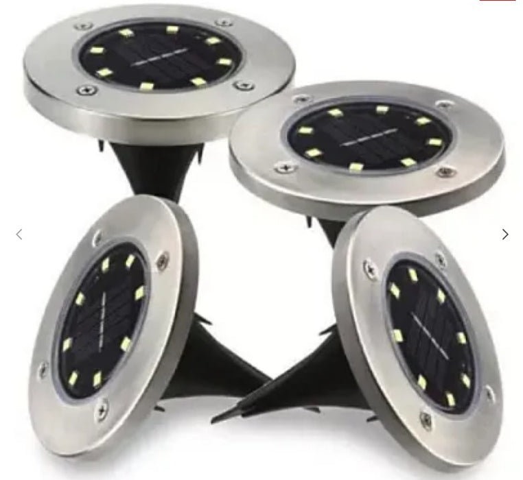 Set 4 Lampi Solare METALICE Argintii Disk Lights pentru gradina, alee, scari, terasa, balcon