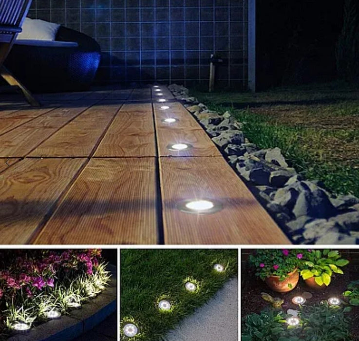 Set 4 Lampi Solare METALICE Argintii Disk Lights pentru gradina, alee, scari, terasa, balcon