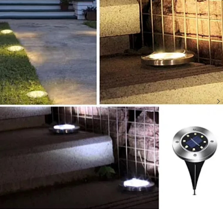 Set 4 Lampi Solare metalice Disk Lights pentru podele sau pamant, gradina, terasa, balcon, scari