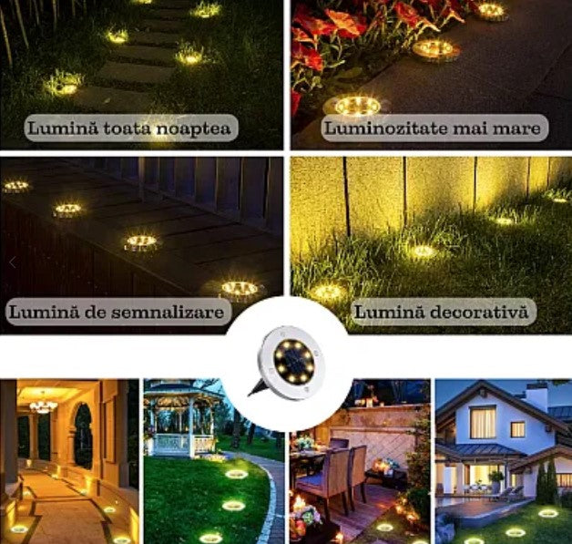 Set 4 lampi solare rotunde pentru podea sau pamant, balcon, terasa, scari, alee sau gradina