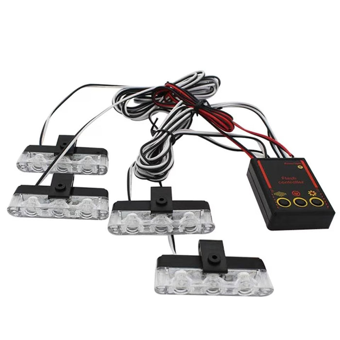 Set 4 lumini LED de avertizare rosu-albastru pentru grila, functii stroboscop, 36W, 12V