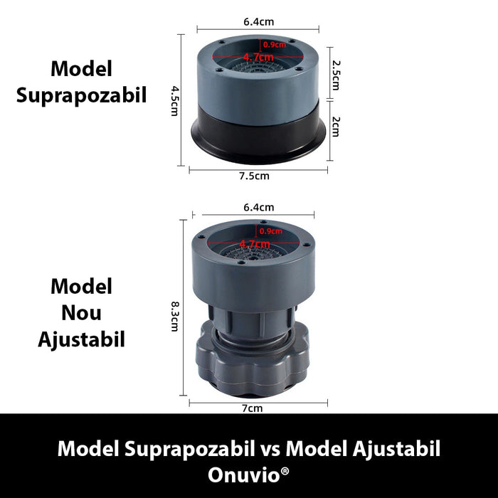 Set 4 suporturi reglabile pentru masina de spalat, antivibratii, din ABS si cauciuc natural, gri inchis