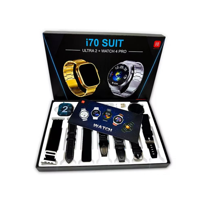 Set 9 in 1 cu 2 ceasuri smart i70 SUIT, 49mm ULTRA 2 + WATCH 4 PRO cu ecran rotund + 7 curele negre, cabluri de incarcare magnetice